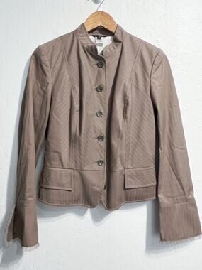 VTG Tara Jarmon Blazer Jacket Medium 40 Mandarin Taupe Tan Tulle Ruffle Y2K